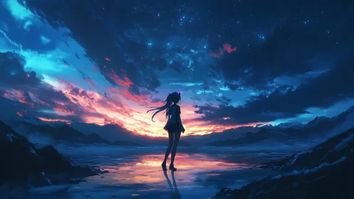 Silhouette girl stands on reflective shore under vivid sunset