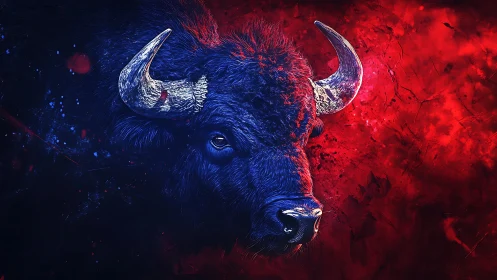 Nebula-Horned Bison Adrift in Electric Crimson Storms.