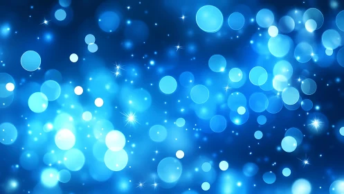 Blue bokeh abstract background with glowing circles and sparkles.