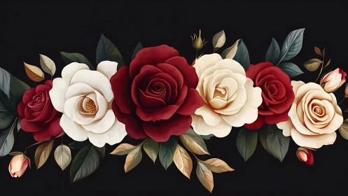 Triadic Rose Arrangement: Deep Crimson, Ivory, and Champagne Blooms