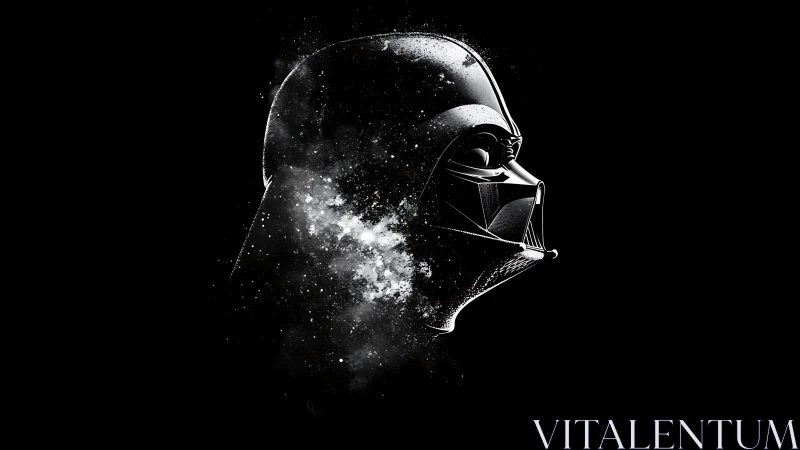 Profile view of dark sci‑fi helmet with particle dispersion.