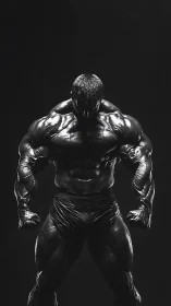 Oil-slicked bodybuilder stands under hard overhead light