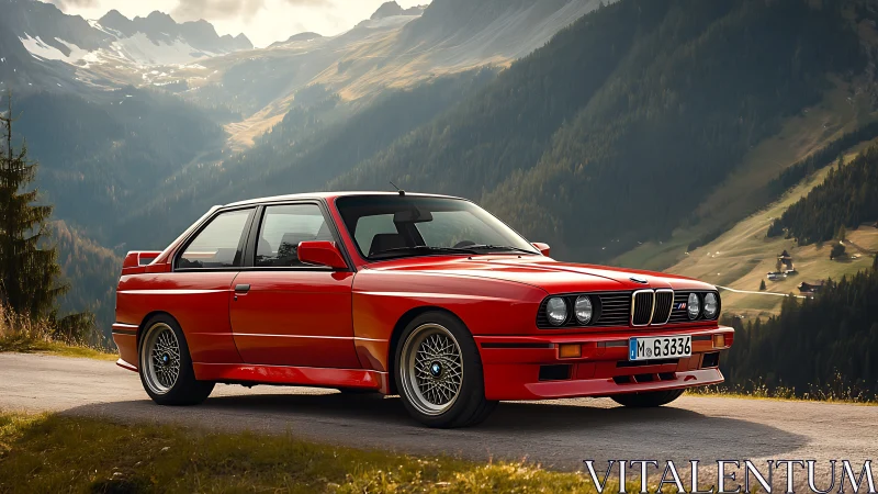 Classic red sports coupe rests on a winding alpine mountain road