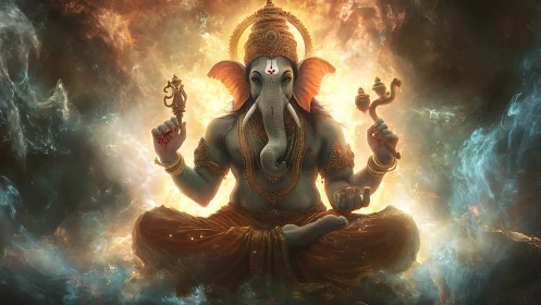 Luminous multi-armed Ganesha in volumetric nebular aureole.