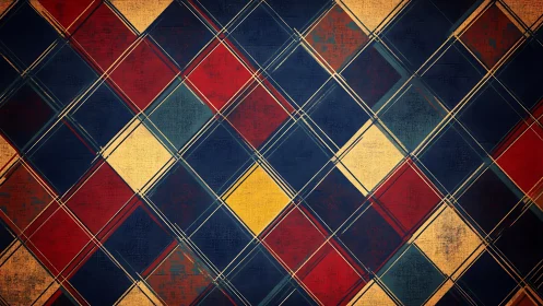 Geometric diagonal grid with multicolored textured squares.