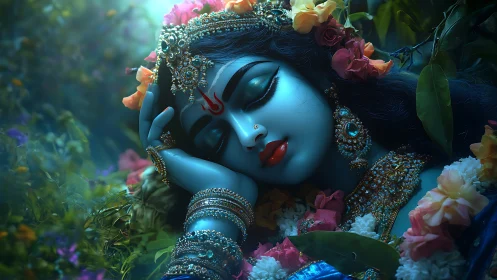Divine blue-skinned goddess resting in lush floral garden.