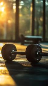 Barbell rests on gym floor under warm sunrise light