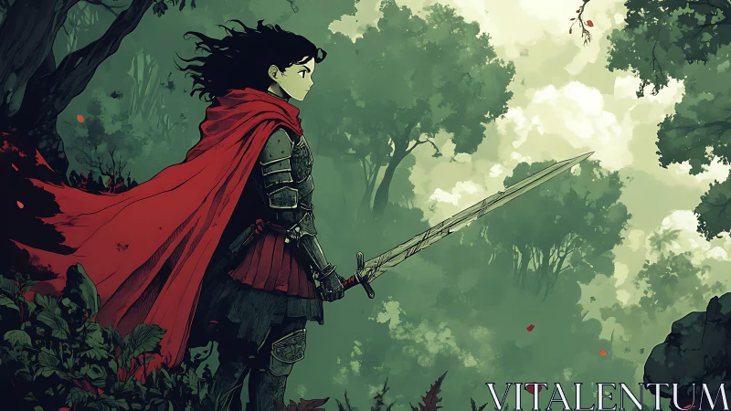 Armored figure with red cloak holds sword in dense forest