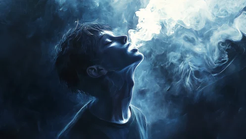 Blue-lit profile exhales swirling luminous smoke upward.