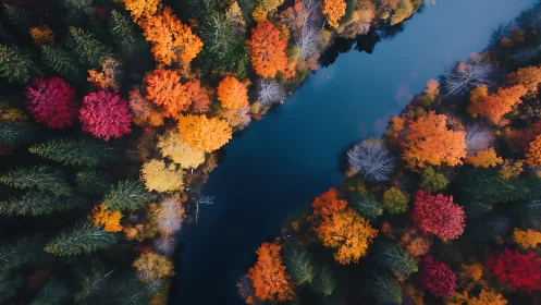 Aerial river corridor framed by vivid autumn forest canopy.