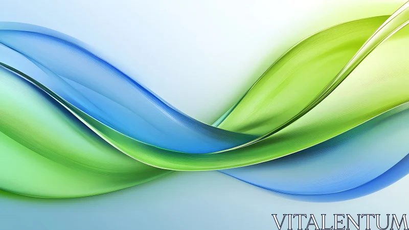 Blue and green translucent waves curve across white field