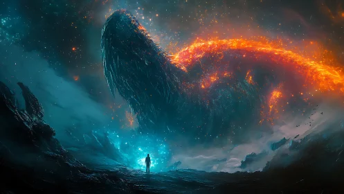 Starlit wanderer greets a colossal cosmic fire serpent