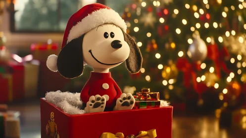 Christmas beagle toy in gift box with glowing tree bokeh.