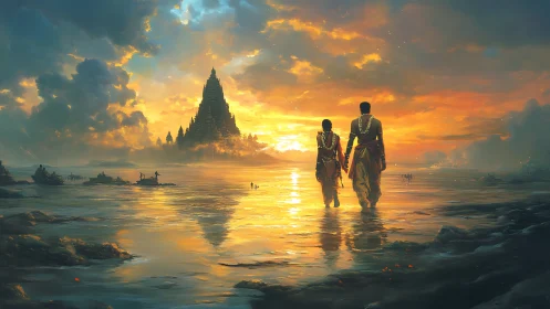 Two figures walk toward distant temple across reflective water
