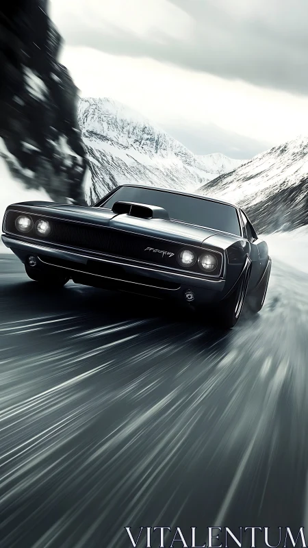 High-speed muscle car drifting across icy alpine mountain pass