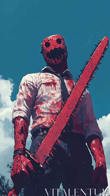 Sky-high horror hero with a brutal crimson chainsaw.