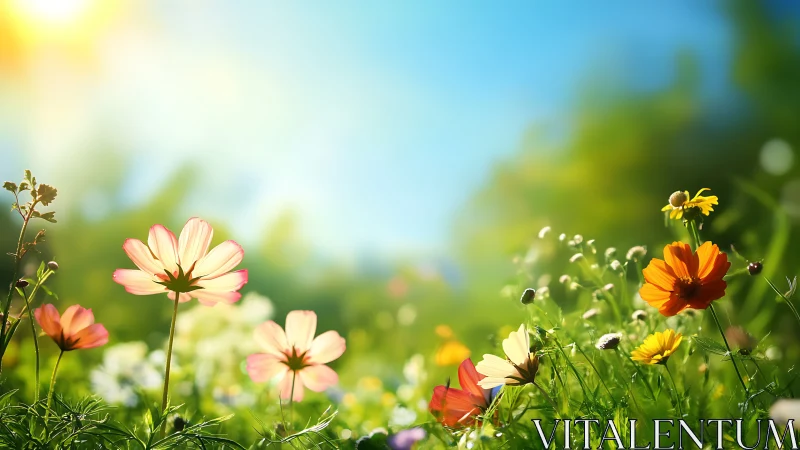Spring wildflower meadow with pink and golden blooms beneath clear sky.