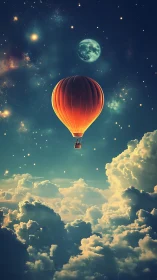 Luminous hot air balloon ascends through celestial cloudscape