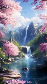Vertical alpine waterfall valley framed by pink blossom trees