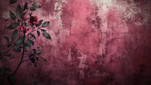 Floral branch crosses textured red background surface