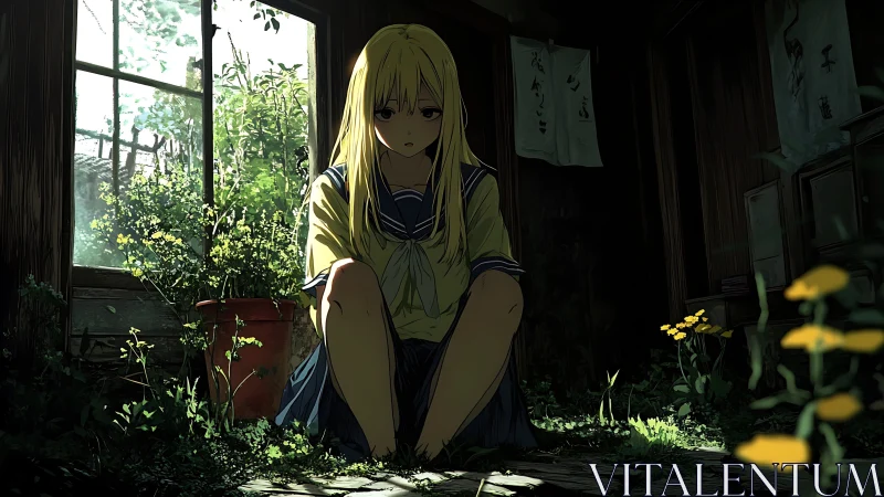 Lonely schoolgirl sits in overgrown abandoned wooden room