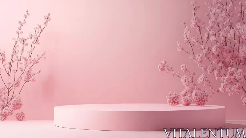 Monochrome pink podium with sparse flowering branches.