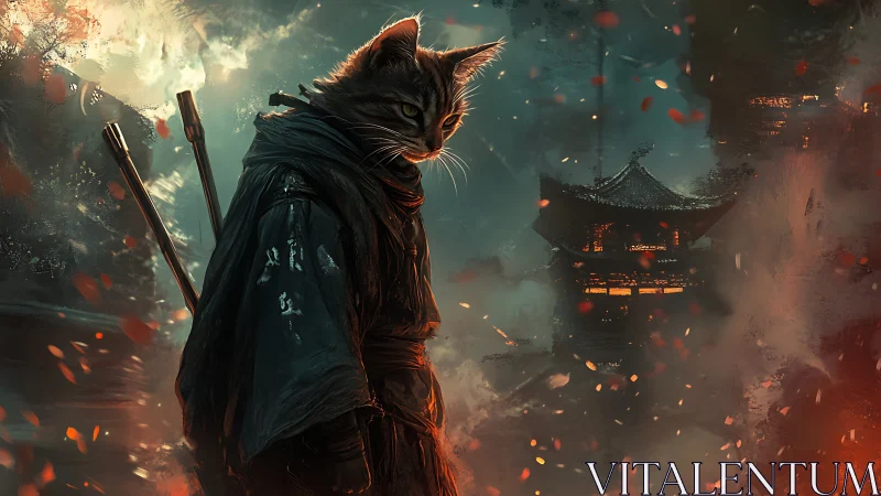 Stoic warrior cat roaming a glowing autumn temple night.