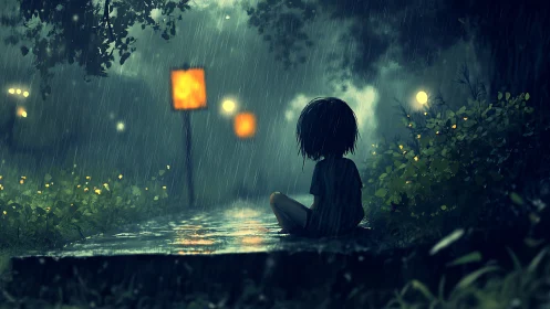 Backlit child in rain observing defocused lanterns along wet path