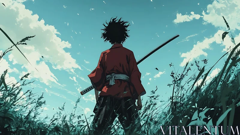 Lone samurai silhouette under vast teal summer sky.