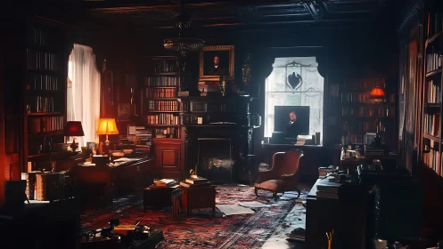 Cozy old-world library glowing with lamplight and stories.