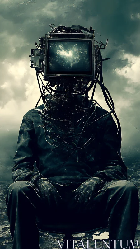 Figure with exposed CRT monitor head sits under cloudy sky