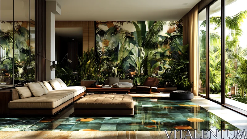 Sunlit jungle lounge glides over shimmering glass water floor