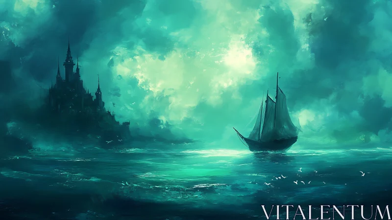 Sailing ship crosses teal sea toward distant dark castle