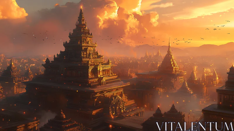 Sunlit temple megacity rises through glowing dusk haze