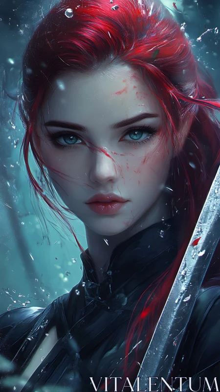 Scarlet-haired warrior stares forward through swirling rain.