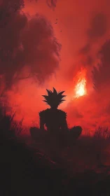 Meditating warrior drinks in the wildfire glow of dusk