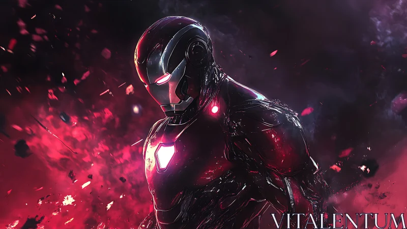 Luminous armored hero glowing in swirling red cosmic storm.