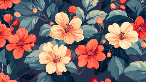 Coral and Cream Blooms Dance Over Deep Navy Garden.