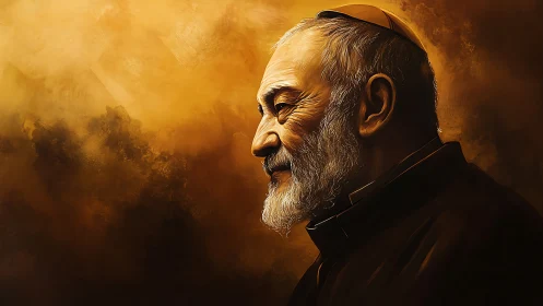 Profile portrait of elderly cleric in warm chiaroscuro lighting