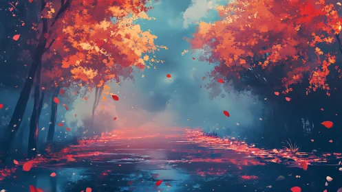 Glowing autumn forest path reflected in tranquil water.