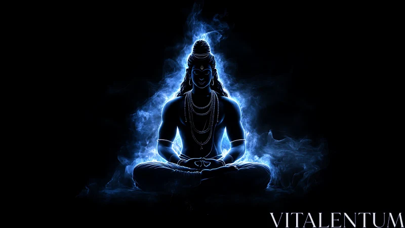 Luminescent Shiva silhouette in meditative lotus with blue aura