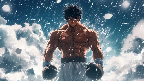 Determined anime boxer standing strong in a stormy sky.