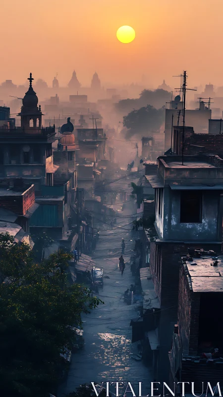 Golden sunrise over a quiet old city street and rooftops.