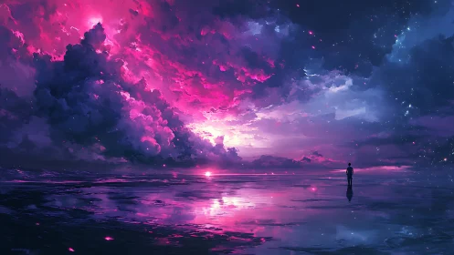 Solitary dreamer walks beneath a tidal bloom of cosmic dusk