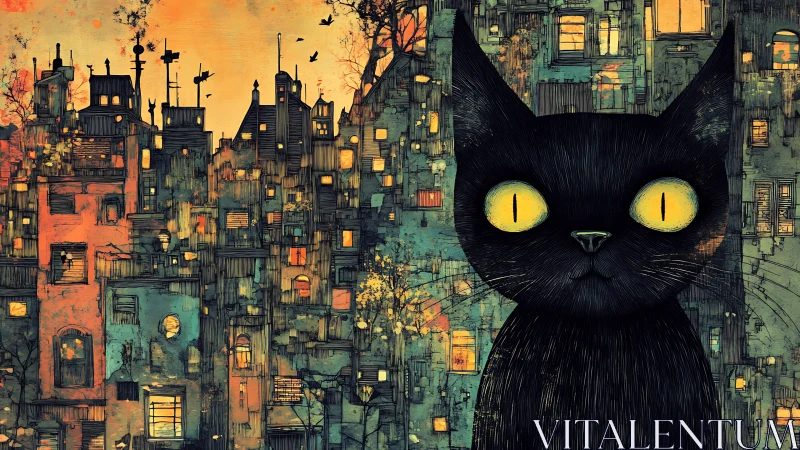 Nocturnal black cat before dense neon-lit urban skyline