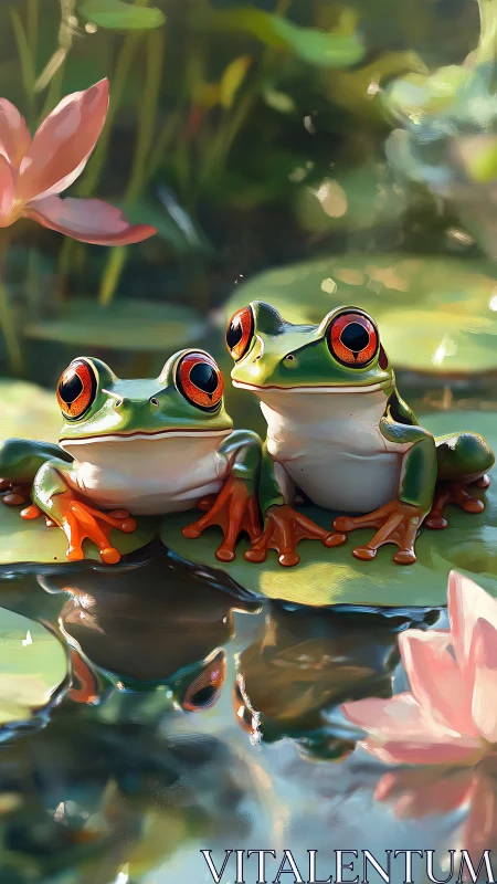Two bright red eyed frogs on lily pads in calm pond.