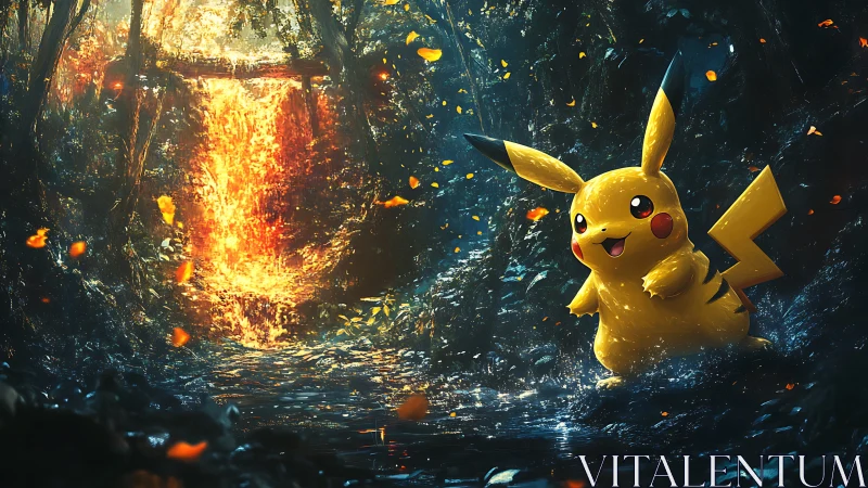 Pikachu in Subterranean Cavern with Radiant Golden Portal Gateway