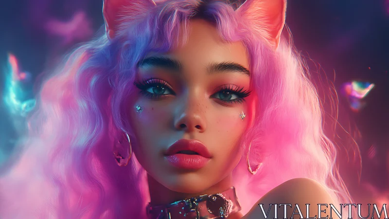 Pink haired cat girl portrait with neon fantasy lighting.