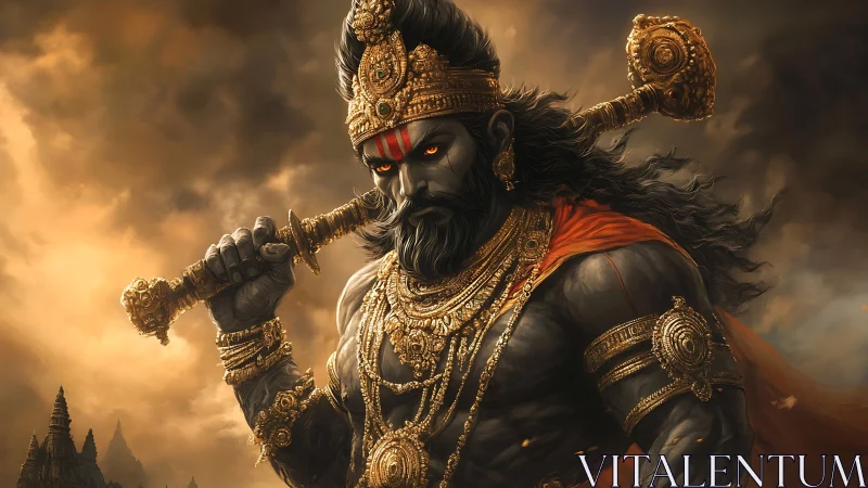 Warrior deity towers under stormlit sky, mace raised high.