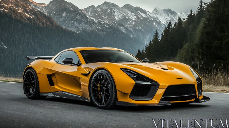 Golden supercar stands poised against dramatic alpine peaks
